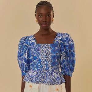 NWT Farm Rio Blue Tile Dream Short Sleeve Blouse | Size L